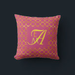 Pink Peacock Quatrefoil MONOGRAM Gold Wedding Cushion<br><div class="desc">Add the bride and grooms first name initials (small letters) and their joint married surname initial (large letter) to create a stylish monogram gift for the newlywed couple. The colour here is pink peacock with gold lettering,  calligraphy style. The pattern is a classic quatrefoil,  Moroccan style design.</div>