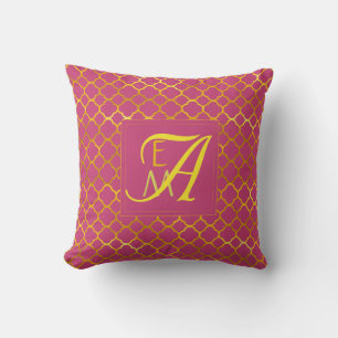 Pink Peacock Quatrefoil MONOGRAM Gold Wedding Cushion