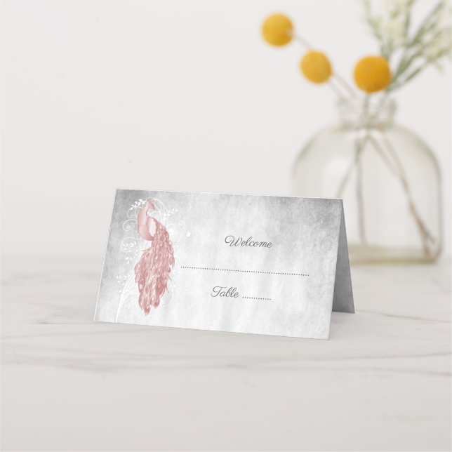 Pink Peacock Reception Place Card (Front)