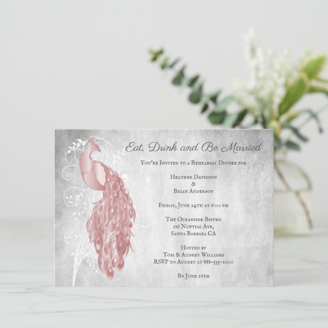 Pink Peacock Rehearsal Dinner Invitation (Standing Front)