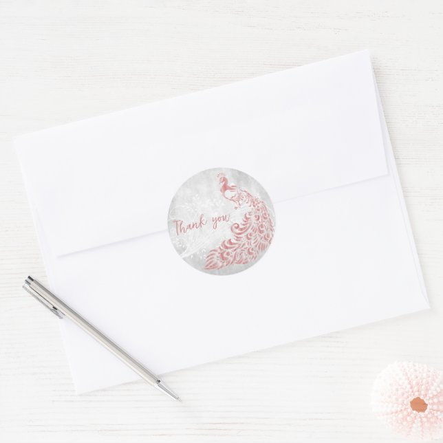 Pink Peacock Thank You Classic Round Sticker (Envelope)