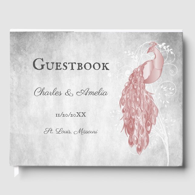 Pink Peacock Wedding Guest Book (Front)