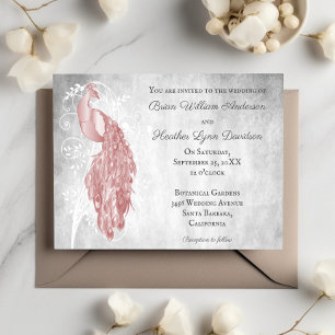 Pink Peacock White Botanical Wedding Invitation