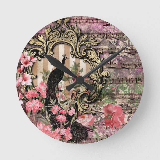 Pink Peacocks Peacock French Acrylic Wall Clock (Front)