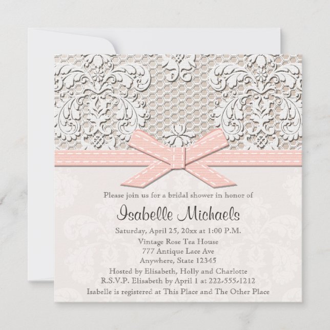 Pink Pearl and Lace Bridal Shower Invitations (Front)