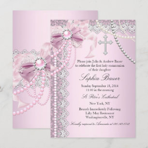 Pink Pearl Bow Cross Holy Communion or Baptism Invitation