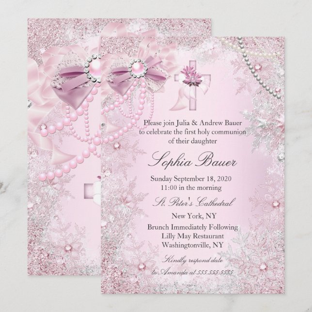 Pink Pearl Bow Cross Holy Communion or Baptism Invitation (Front/Back)