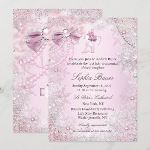 Pink Pearl Bow Cross Holy Communion or Baptism Invitation