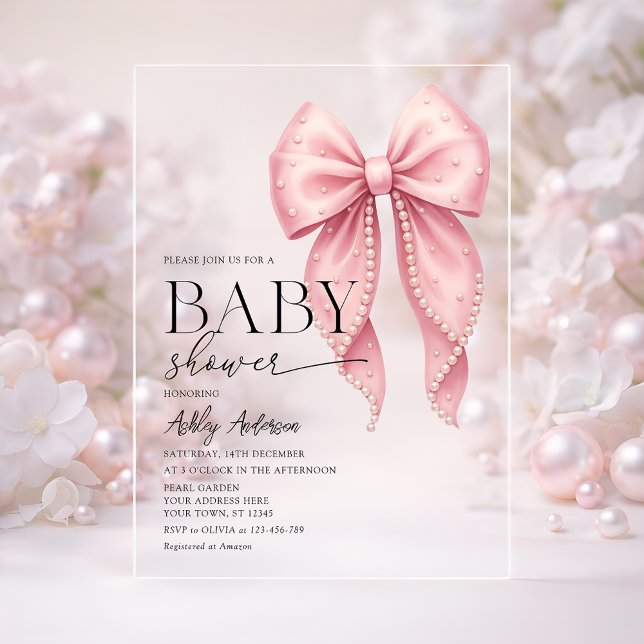 Pink Pearl Bow Girl Baby Shower Acrylic Invitations (Creator Uploaded)