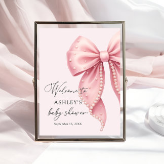 Pink Pearl Bow Girl Baby Shower Welcome Poster