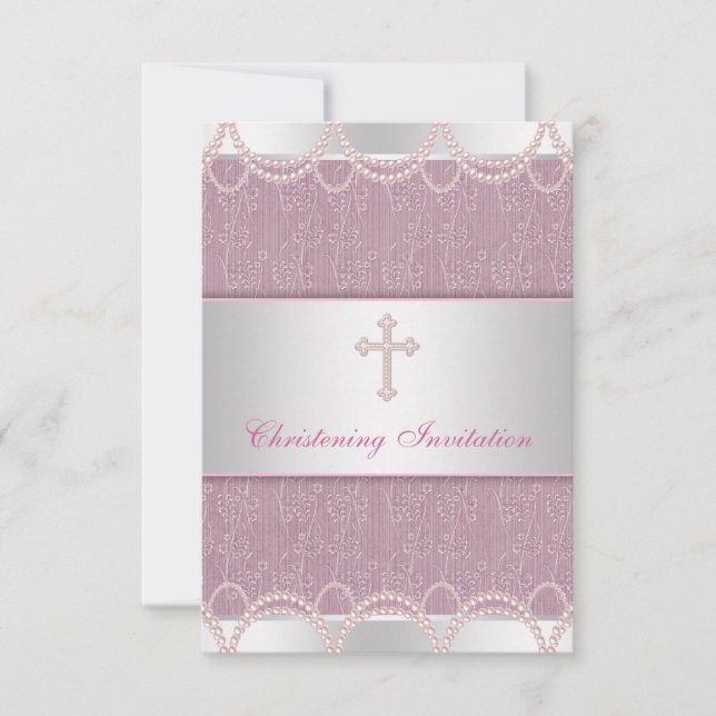 Pink Pearl Cross Baby Girl Baptism Christening Invitation (Front)