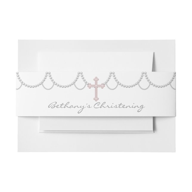 Pink Pearl Cross Christening Invitation Belly Band (Front Example)