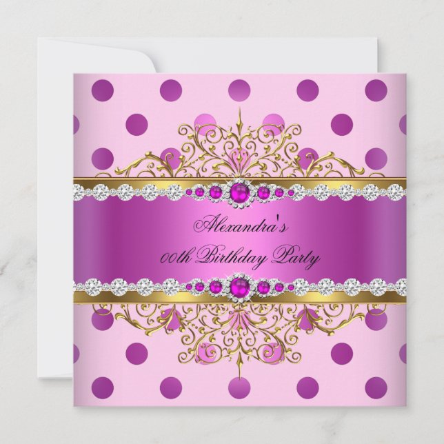 Pink Pearl Gold Plum Polka Dots Birthday Party Invitation (Front)