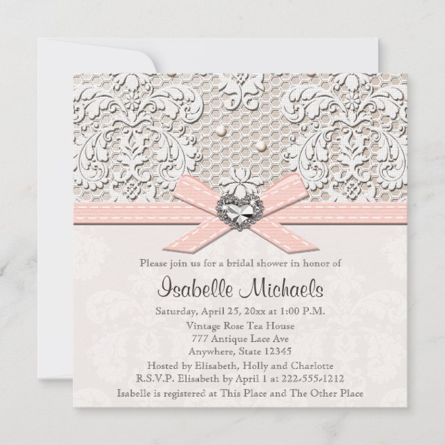 Pink Pearl Lace Diamond Bridal Shower Invitations (Front)