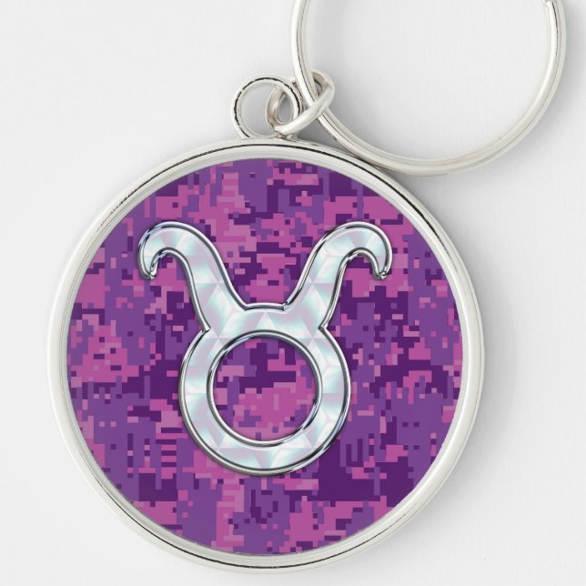 Pink Pearl Like Taurus Zodiac Sign on Digital Camo Key Ring (Front)