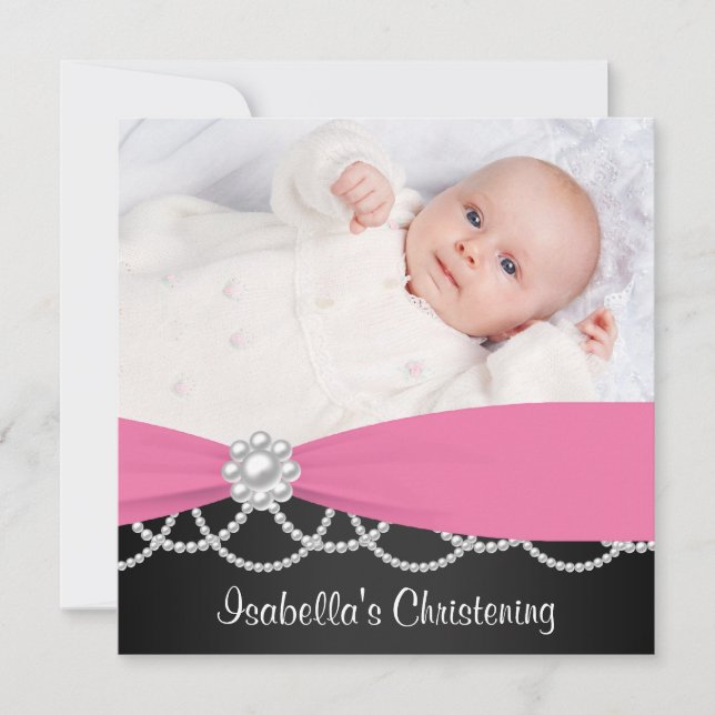 Pink Pearl Pink Black Girls Photo Christening Invi Invitation (Front)