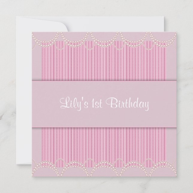 Pink Pearl Pinstripe Girls 1st Birthday Party Invitation (Front)