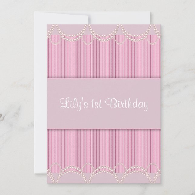 Pink Pearl Pinstripe Girls 1st Birthday Party Invitation (Front)