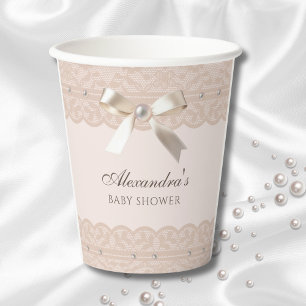Pink Pearl Satin Bow Regency Lace Baby Shower Paper Cups