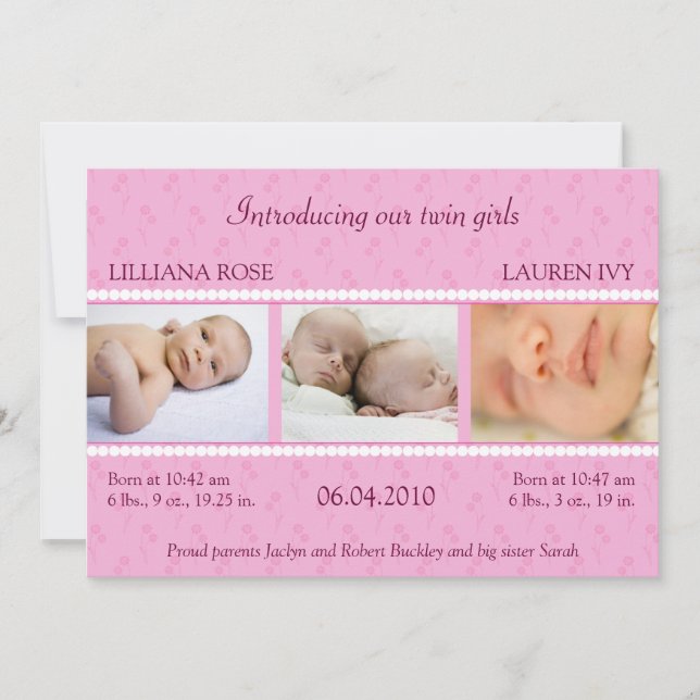 Pink Pearl Twins Announcement (Front)