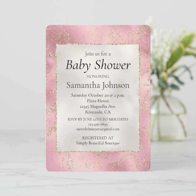 Pink Pearl White Gold Glitter Glitz Baby Shower   Invitation (Standing Front)
