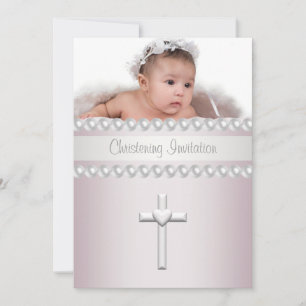 Pink Pearls Cross Baby Girl Photo Christening Invitation