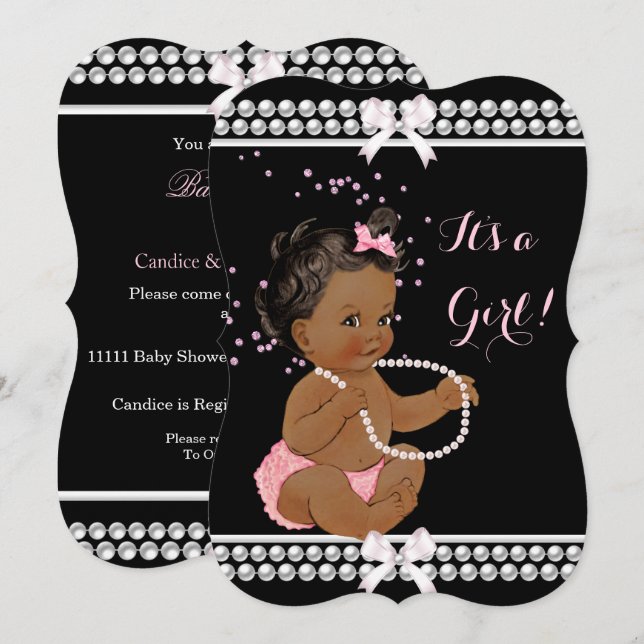 Pink Pearls Cute Baby Shower Girl Black Ethnic Invitation (Front/Back)