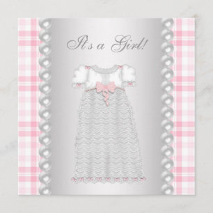Pink Pearls Dress Pink Gingham Baby Girl Shower Invitation