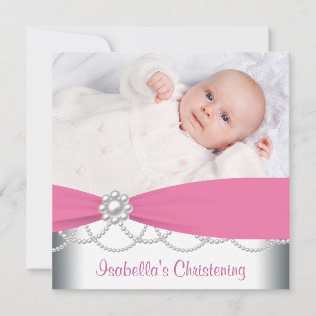 Pink Pearls Girls Pink Photo Christening Invitatio Invitation (Front)