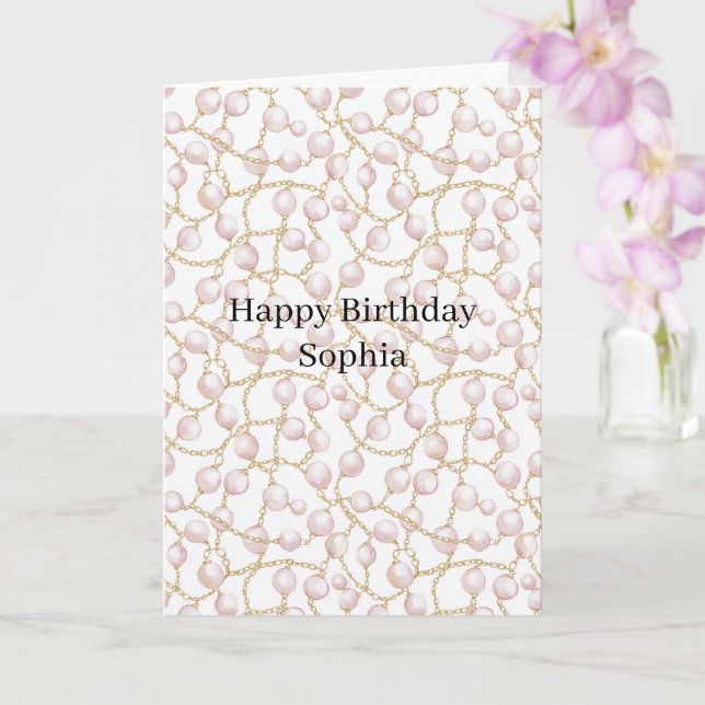 Pink Pearls Gold Chain Birthday Card (Orchid)