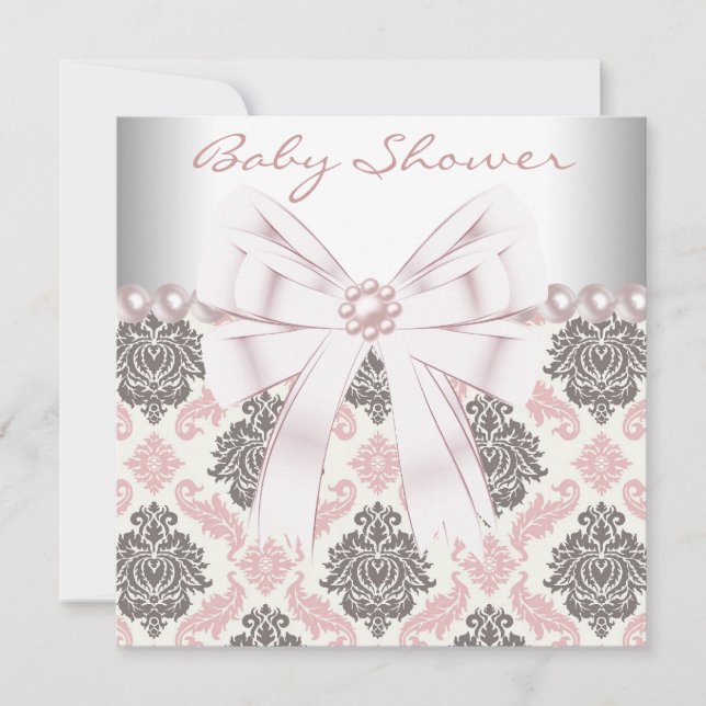 Pink Pearls Pink Brown Damask Baby Girl Shower Invitation (Front)