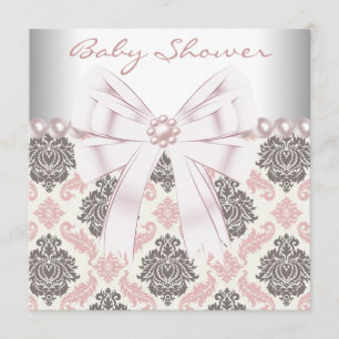 Pink Pearls Pink Brown Damask Baby Girl Shower Invitation
