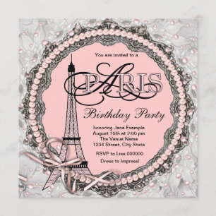 Pink Pearls Pink Paris Sweet 16 Birthday Party Invitation