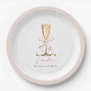 Pink Pearls & Prosecco Bow Bridal Shower Paper Plate