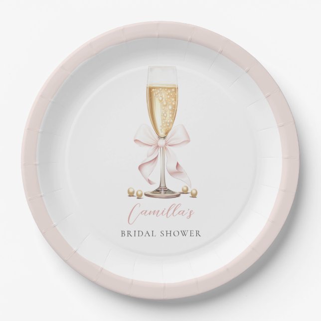 Pink Pearls & Prosecco Bow Bridal Shower Paper Plate (Front)