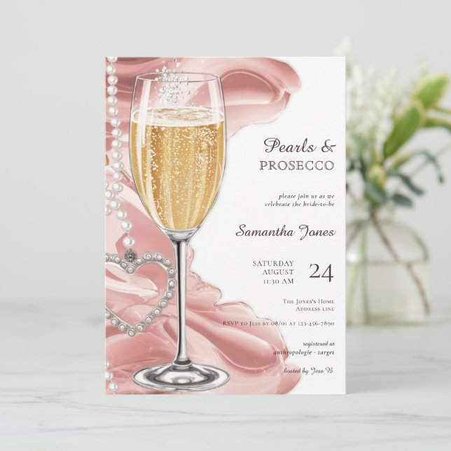 Pink Pearls & Prosecco Brunch Bubbly Bridal Shower Invitation (Standing Front)