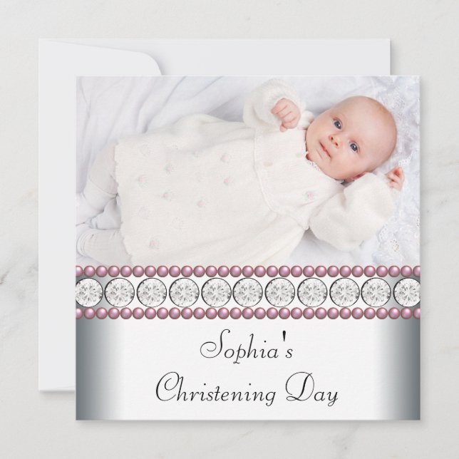 Pink Pearls White Baby Girl Photo Christening Invitation (Front)