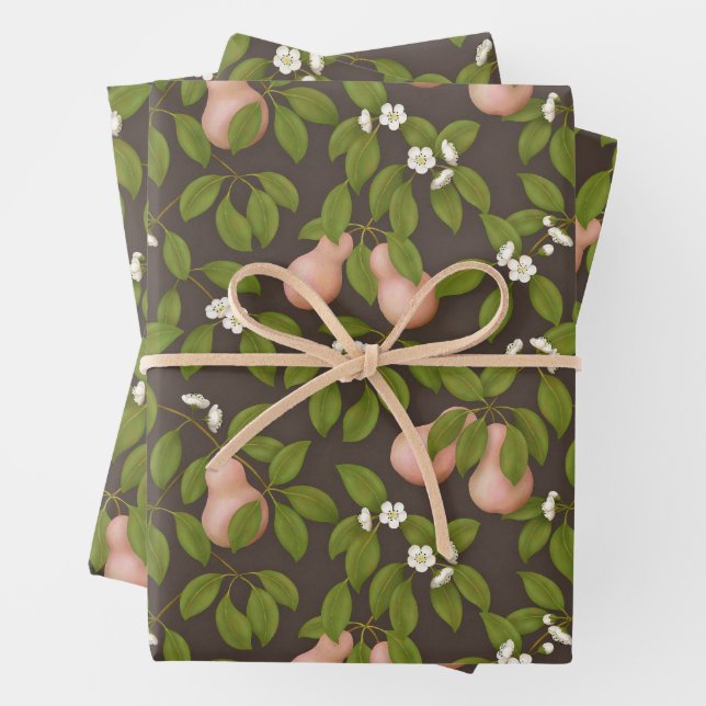 Pink Pears (dark brown) Wrapping Paper Sheet (In situ)