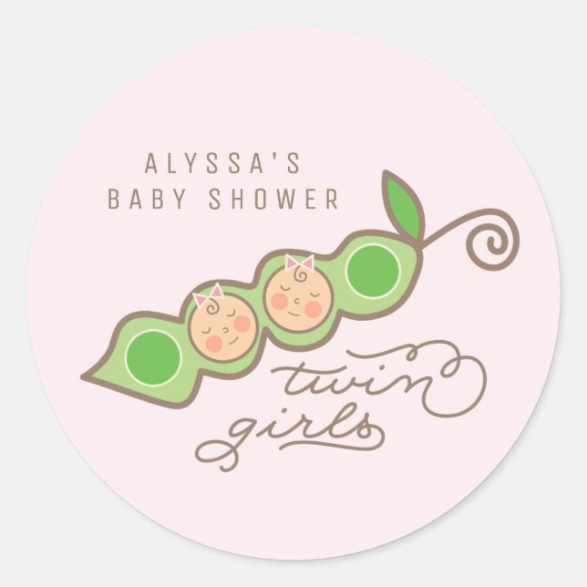 Pink Peas in a Pod Girl Twins Baby Shower Sticker (Front)