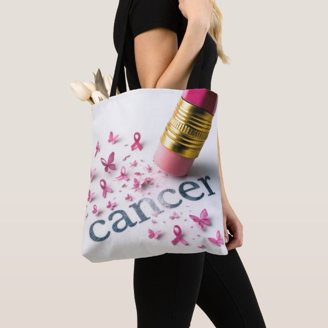 Pink Pencil Erasing Cancer Text  Tote Bag (Close Up)