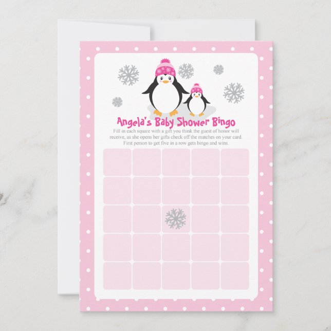 Pink Penguin Baby Shower Bingo Card (Front)