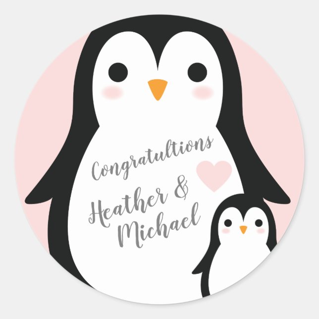 Pink Penguin Baby Shower Classic Round Sticker (Front)