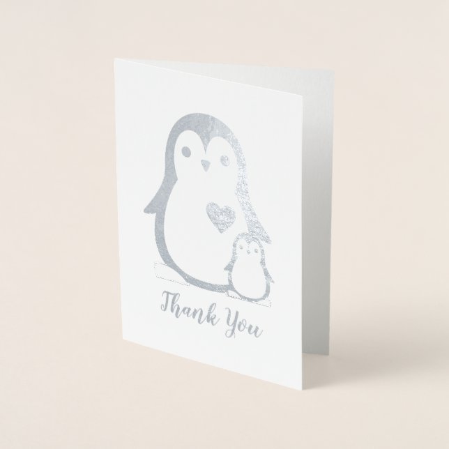 Pink Penguin Baby Shower Foil Card (Front)