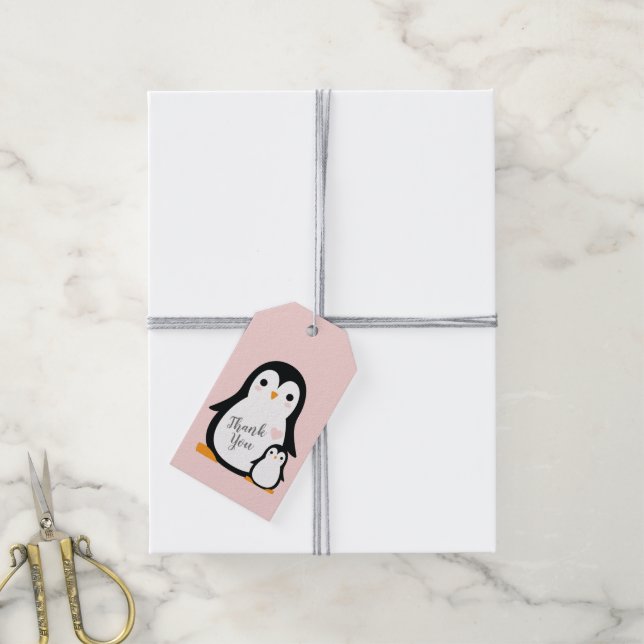 Pink Penguin Baby Shower Gift Tags (With Twine)