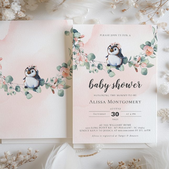 Pink Penguin Baby Shower Girl Invitation (Creator Uploaded)
