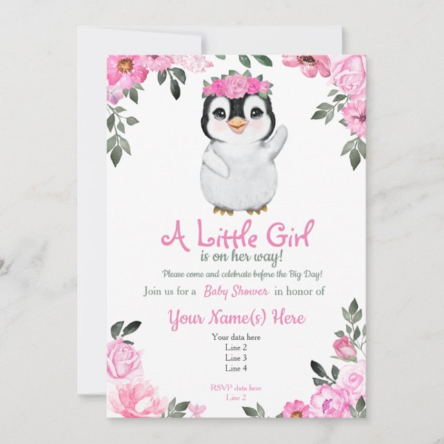 Pink Penguin Baby Shower invitation, rustic Invitation (Front)