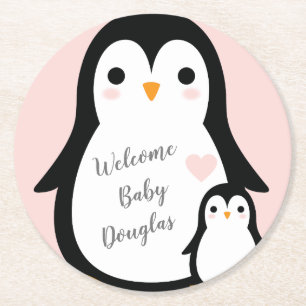Pink Penguin Baby Shower Round Paper Coaster