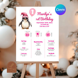 Pink Penguin First Birthday Milestone Poster