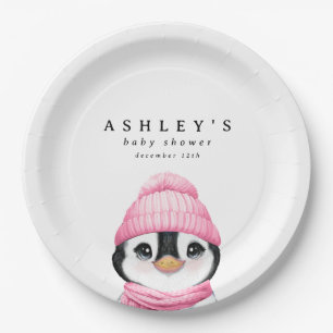 Pink Penguin Winter Baby Shower Paper Plate