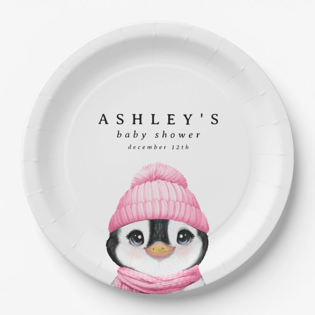 Pink Penguin Winter Baby Shower Paper Plate (Front)